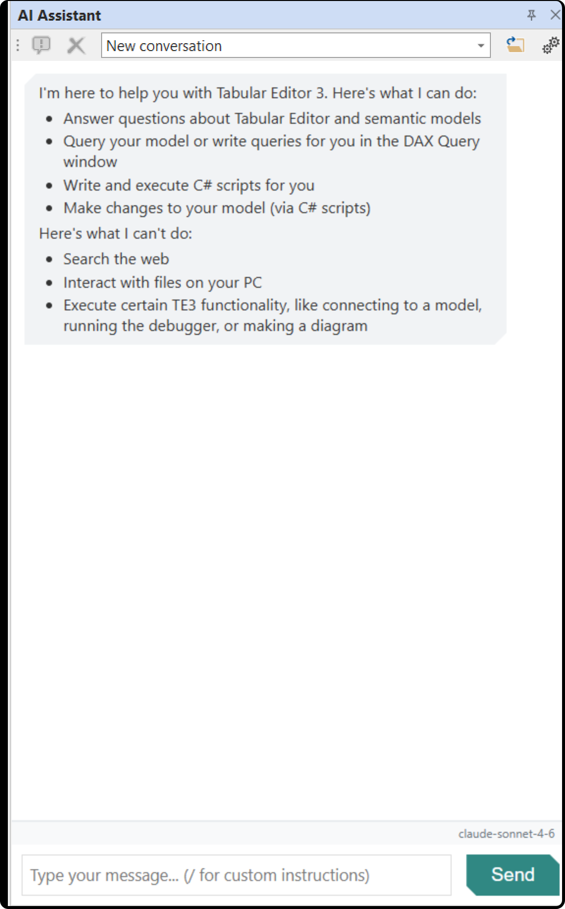 The AI Assistant pane as it first opens, with the assistant's greeting listing what it can do (answer questions, query the model, write and execute C# scripts, change the model) and what it cannot, above an empty message box