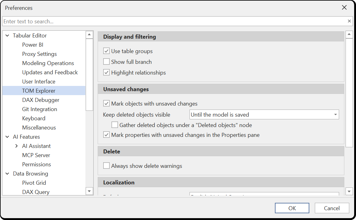Unsaved changes section of the TOM Explorer preferences page